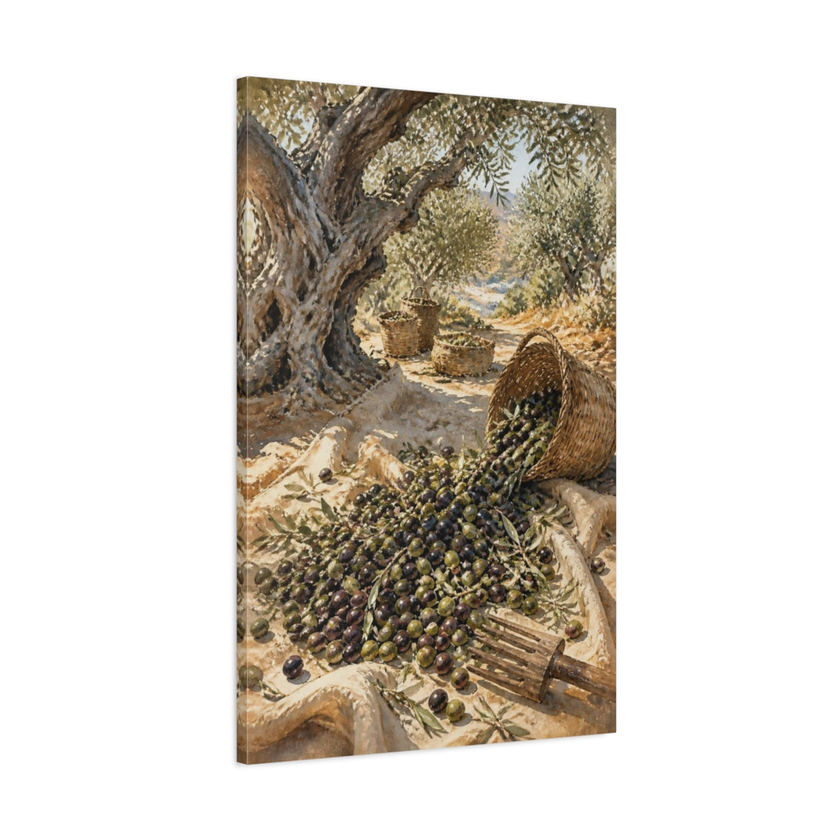 Main Mockup. Rustic Olive Harvest shown as canvas print