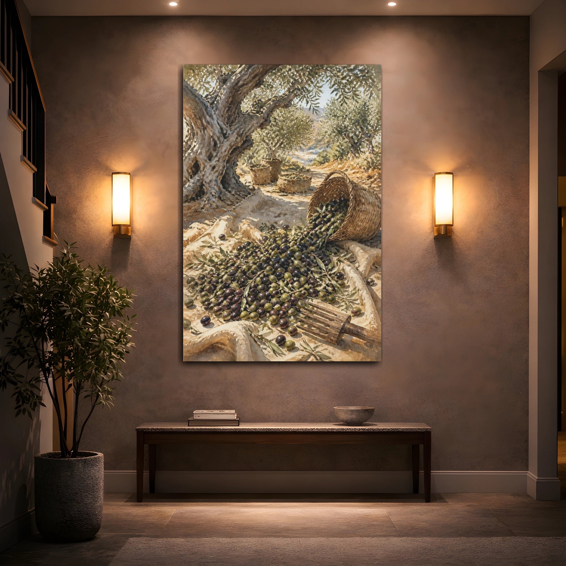 Mockup 2. Rustic Olive Harvest shown as canvas print