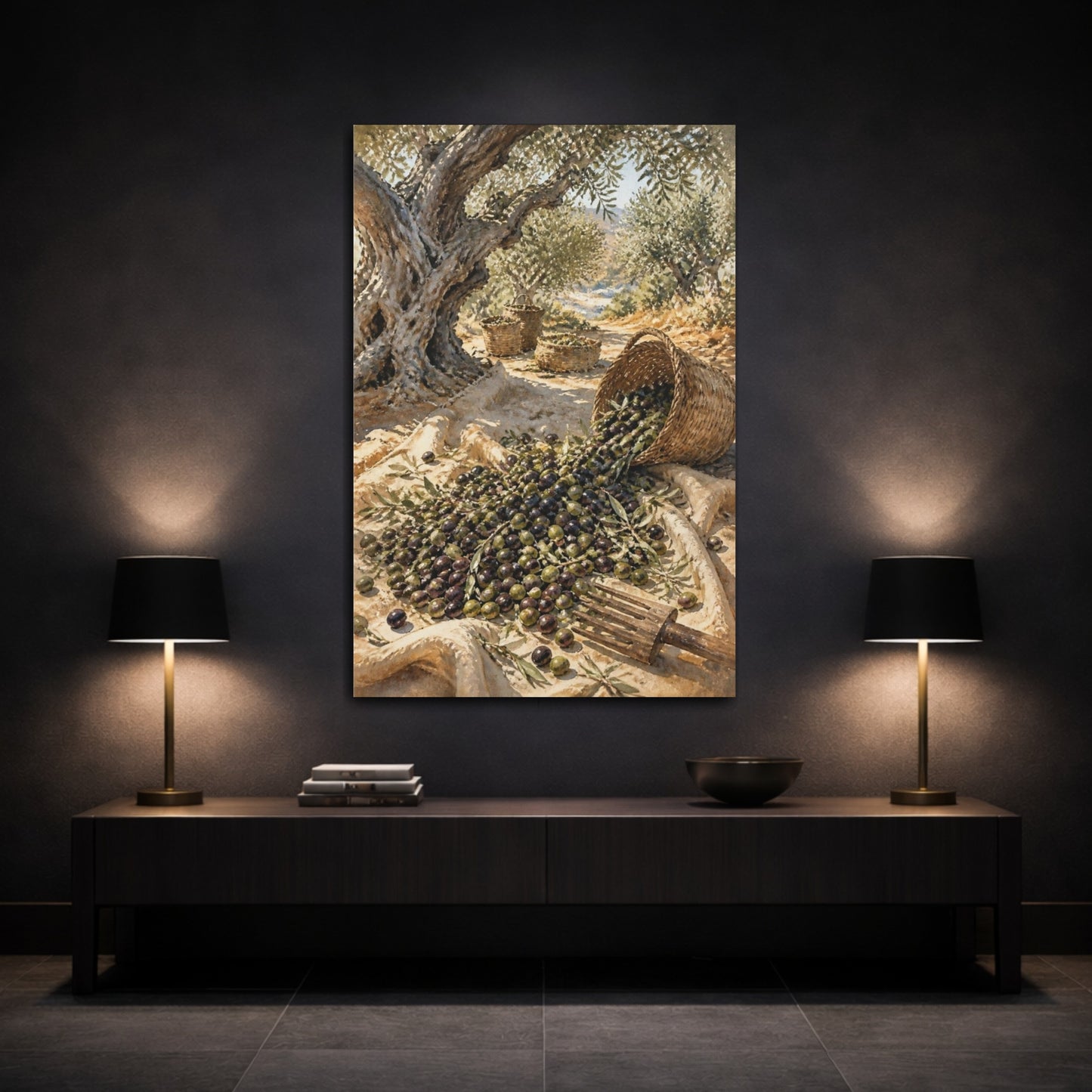 Mockup 3. Rustic Olive Harvest shown as canvas print