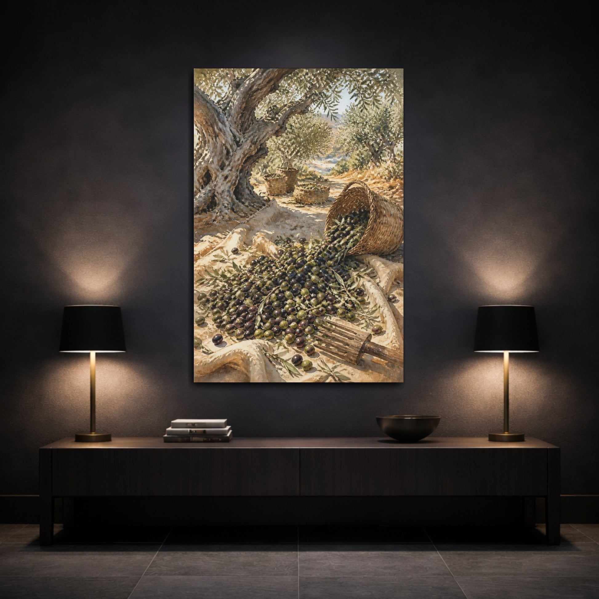 Mockup 3. Rustic Olive Harvest shown as canvas print