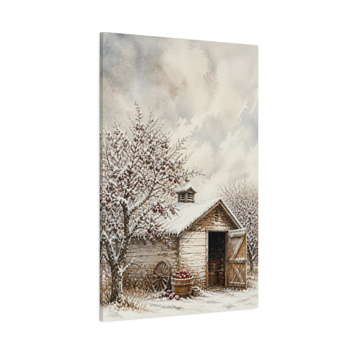 Side Mockup 1. Rustic Orchard Shed shown as canvas print