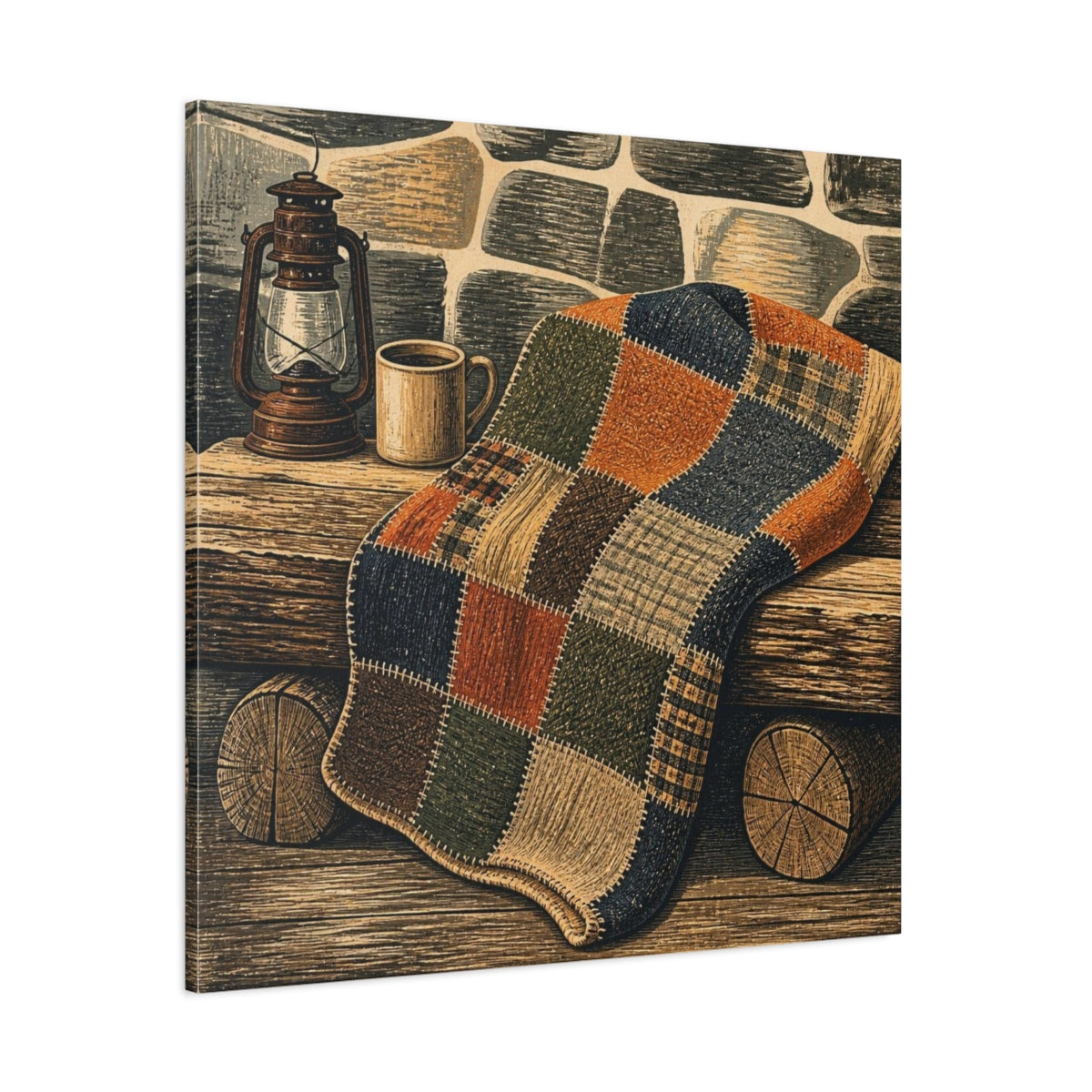 Side Mockup 1. Rustic Patchwork Blanket shown as canvas print