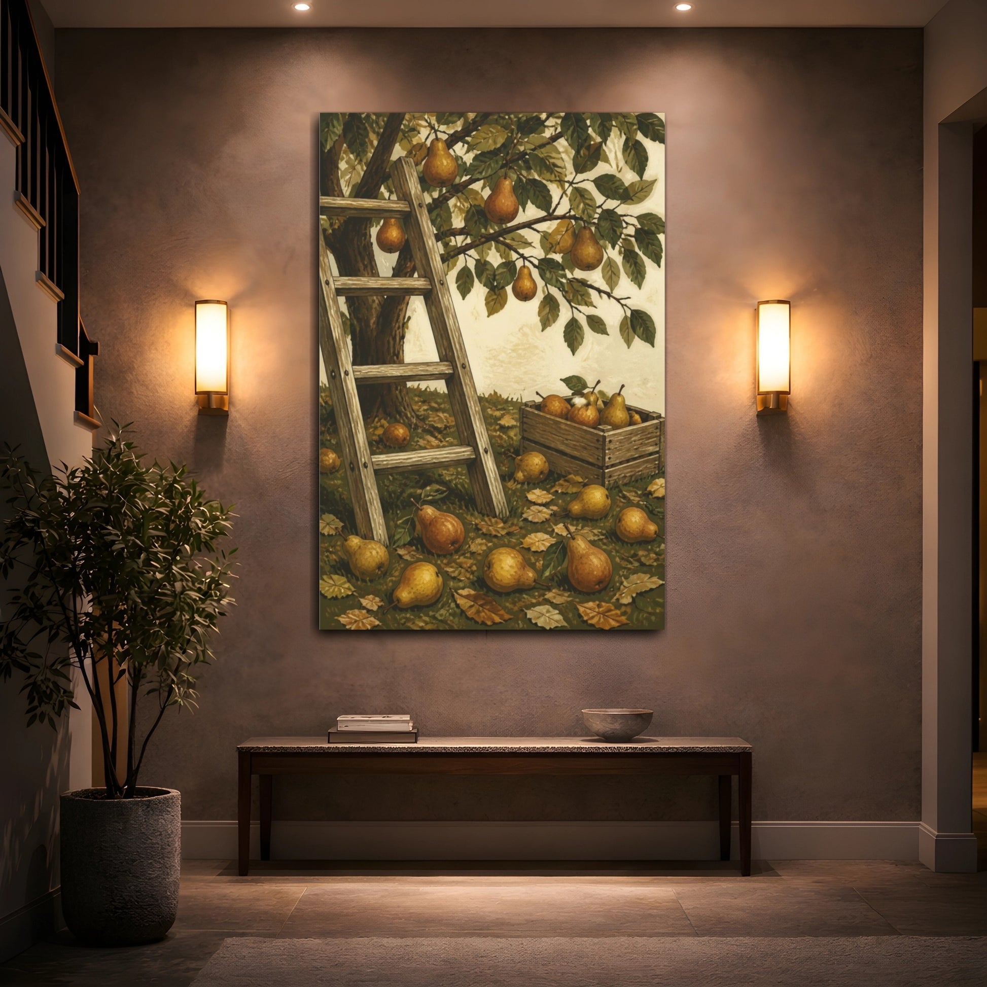 Mockup 2. Rustic Pear Orchard Ladder shown as canvas print