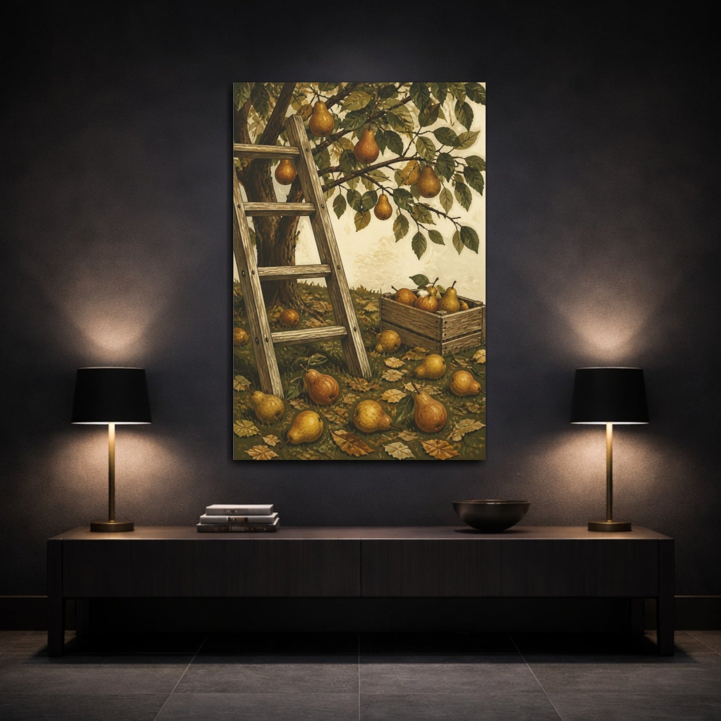 Mockup 3. Rustic Pear Orchard Ladder shown as canvas print