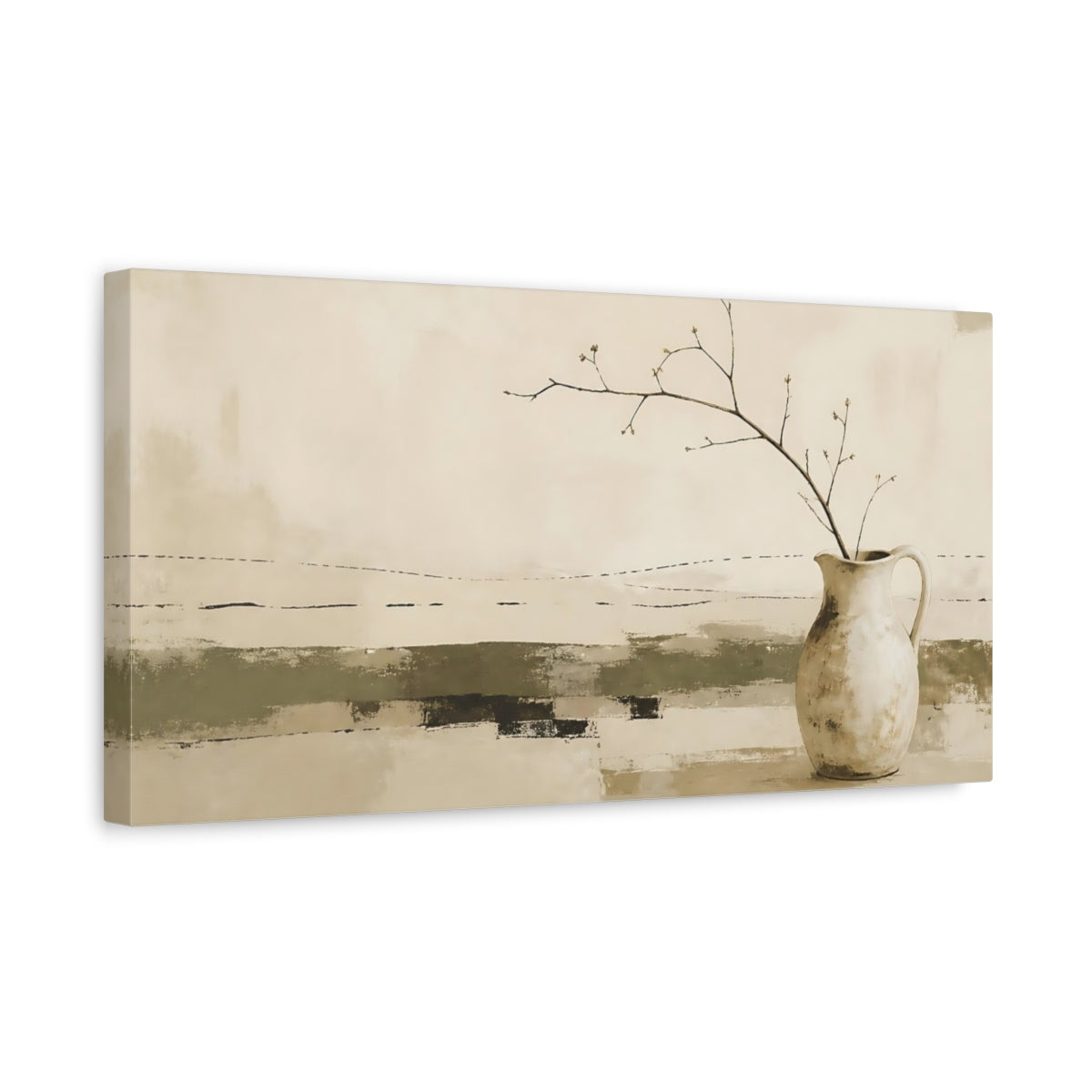 Side Mockup 3. Rustic Pitcher With Branch shown as canvas print