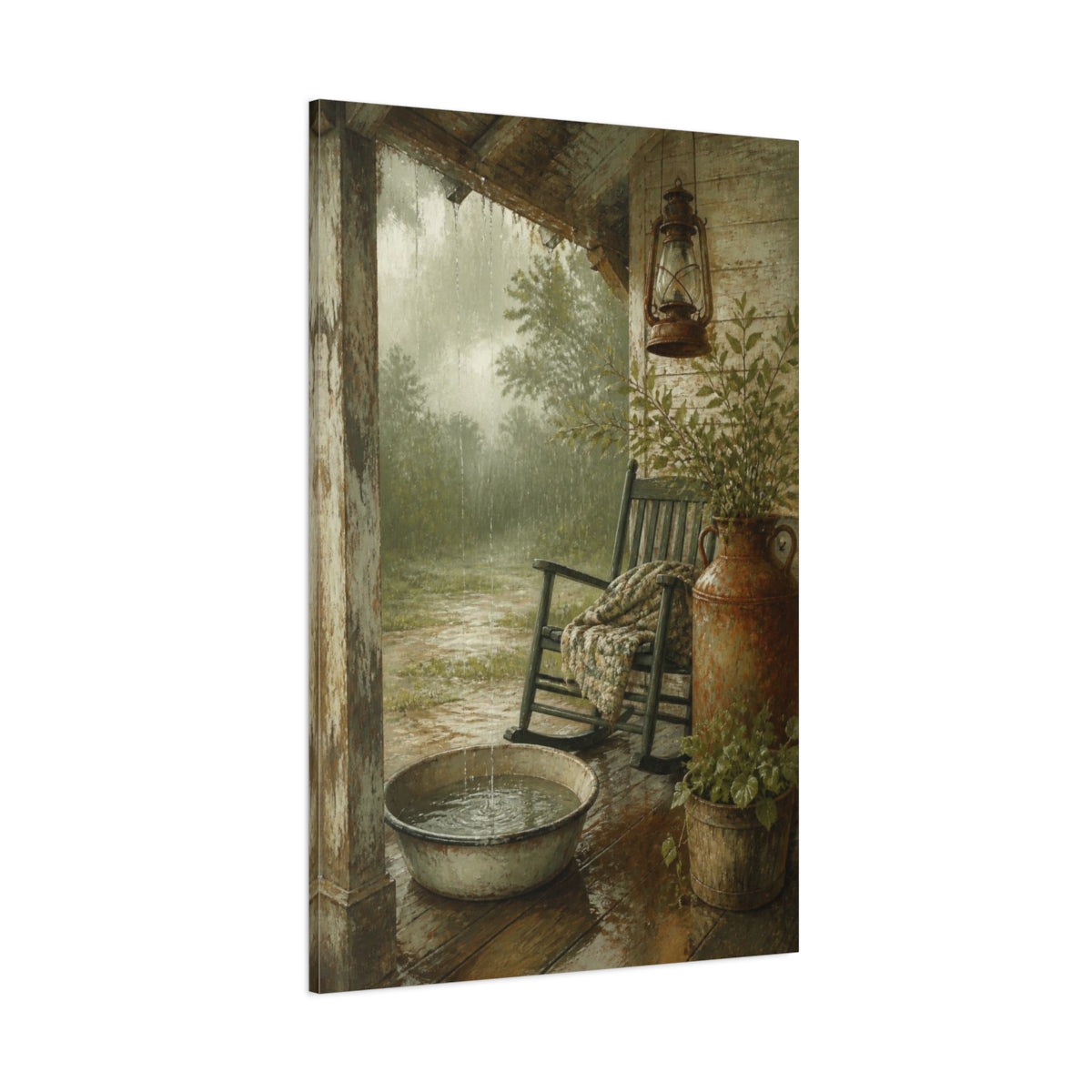 Side Mockup 1. Rustic Porch Rocking Chair shown as canvas print