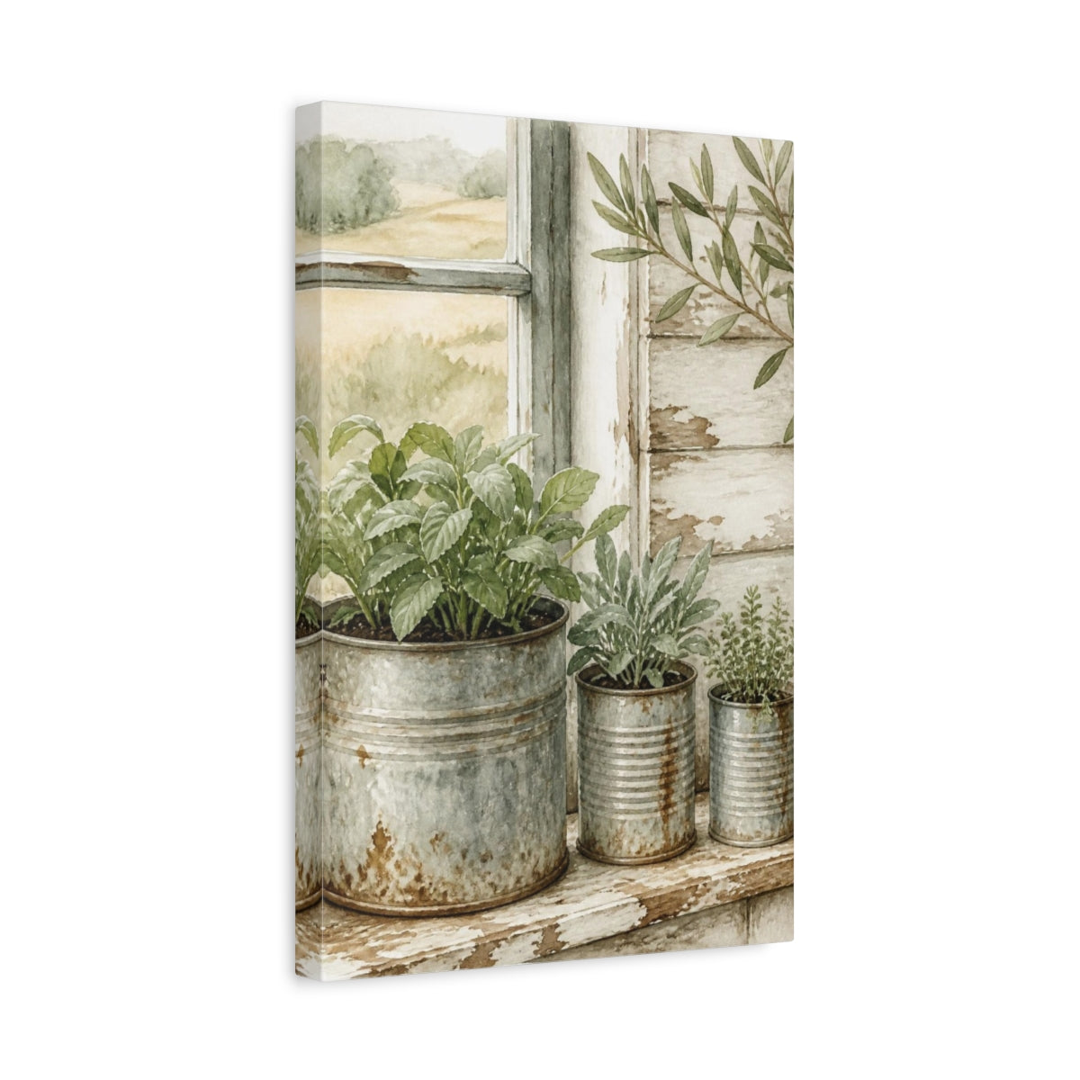 Side Mockup 4. Rustic Potted Herbs shown as canvas print