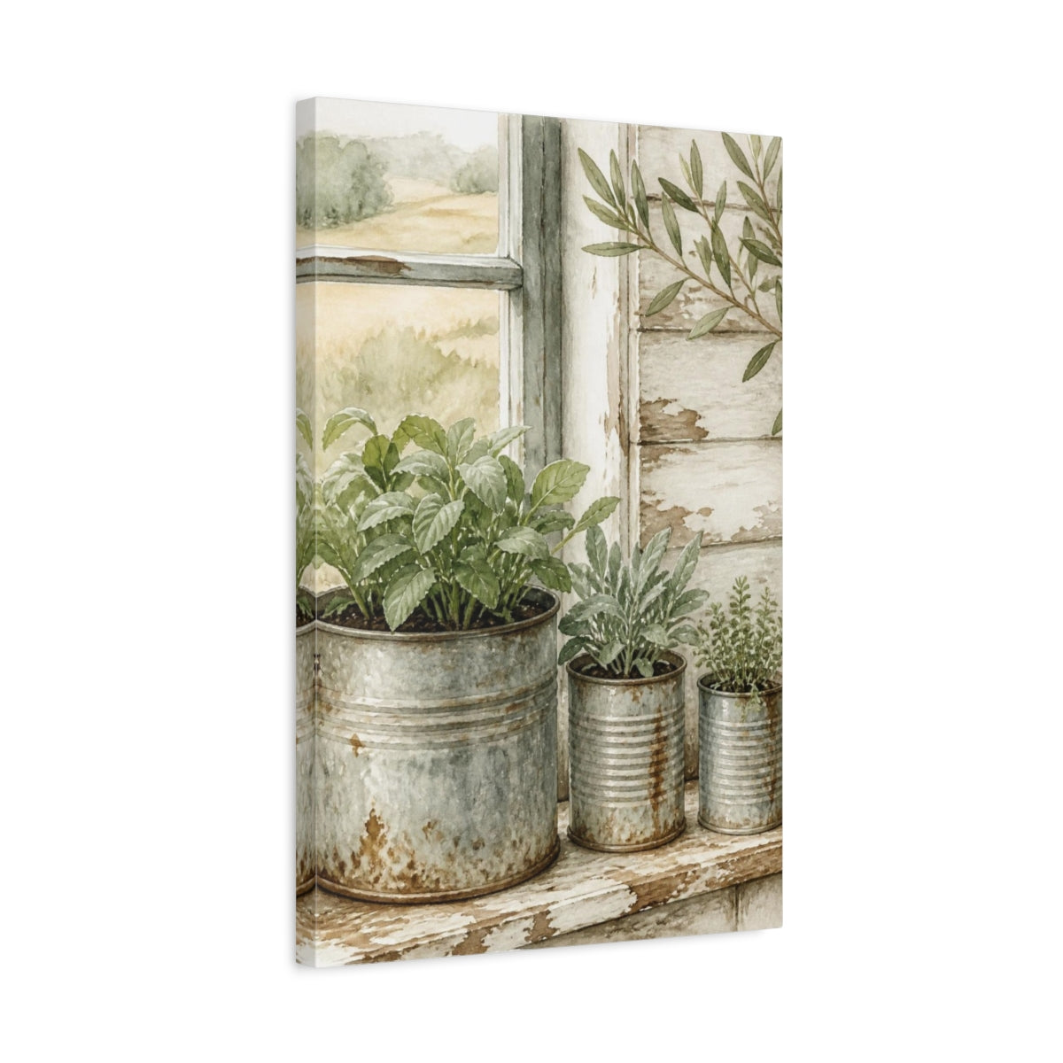 Side Mockup 3. Rustic Potted Herbs shown as canvas print