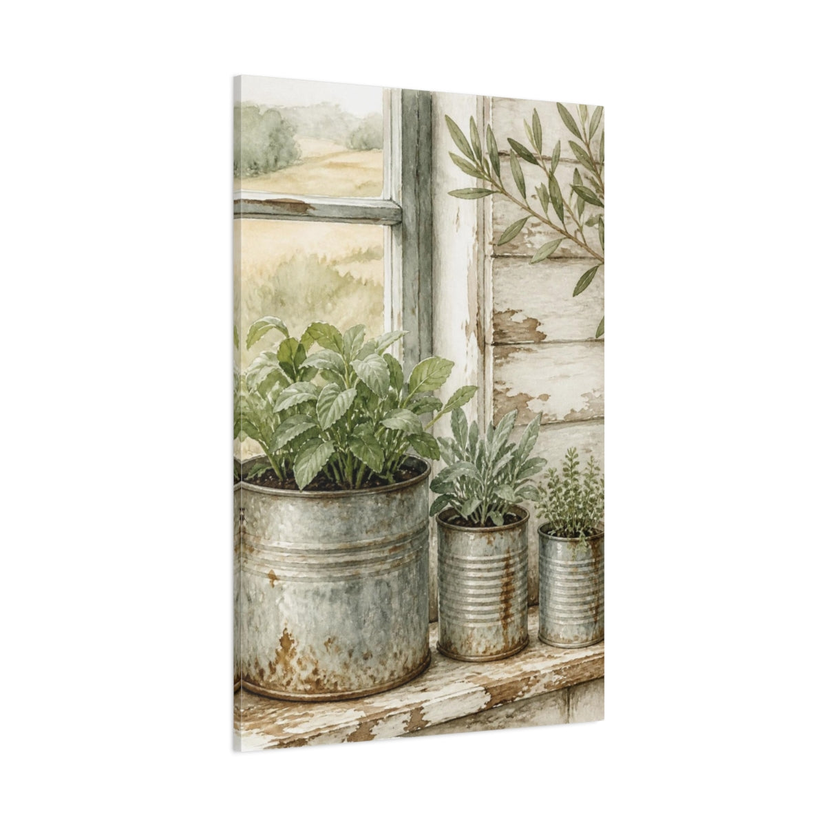 Side Mockup 1. Rustic Potted Herbs shown as canvas print