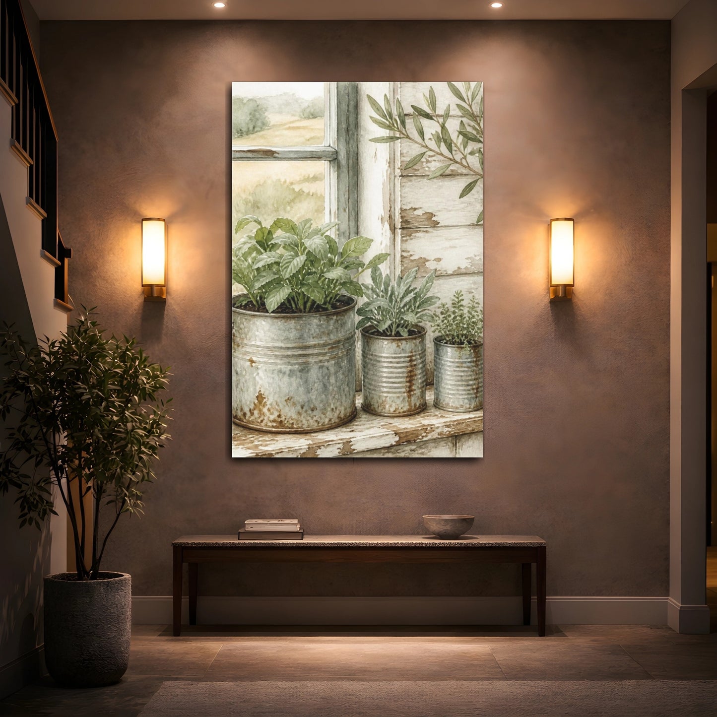 Mockup 2. Rustic Potted Herbs shown as canvas print