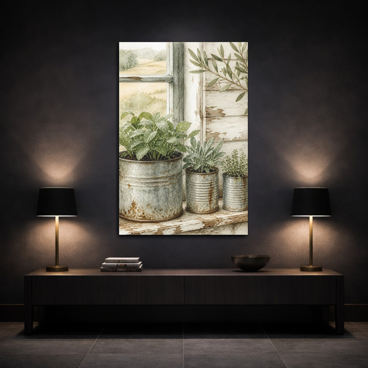 Mockup 3. Rustic Potted Herbs shown as canvas print