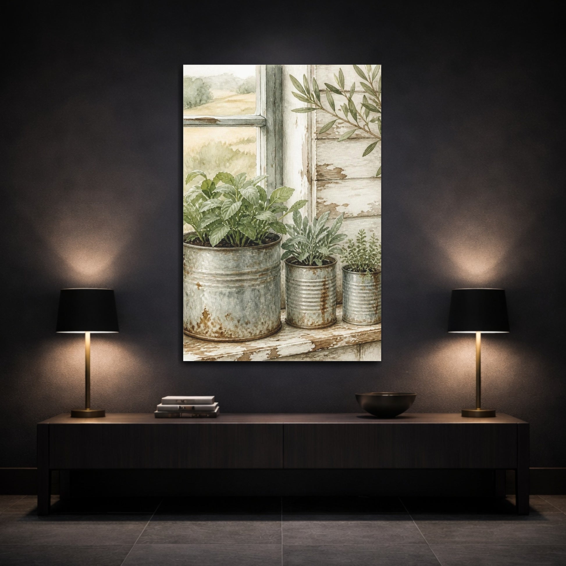 Mockup 3. Rustic Potted Herbs shown as canvas print
