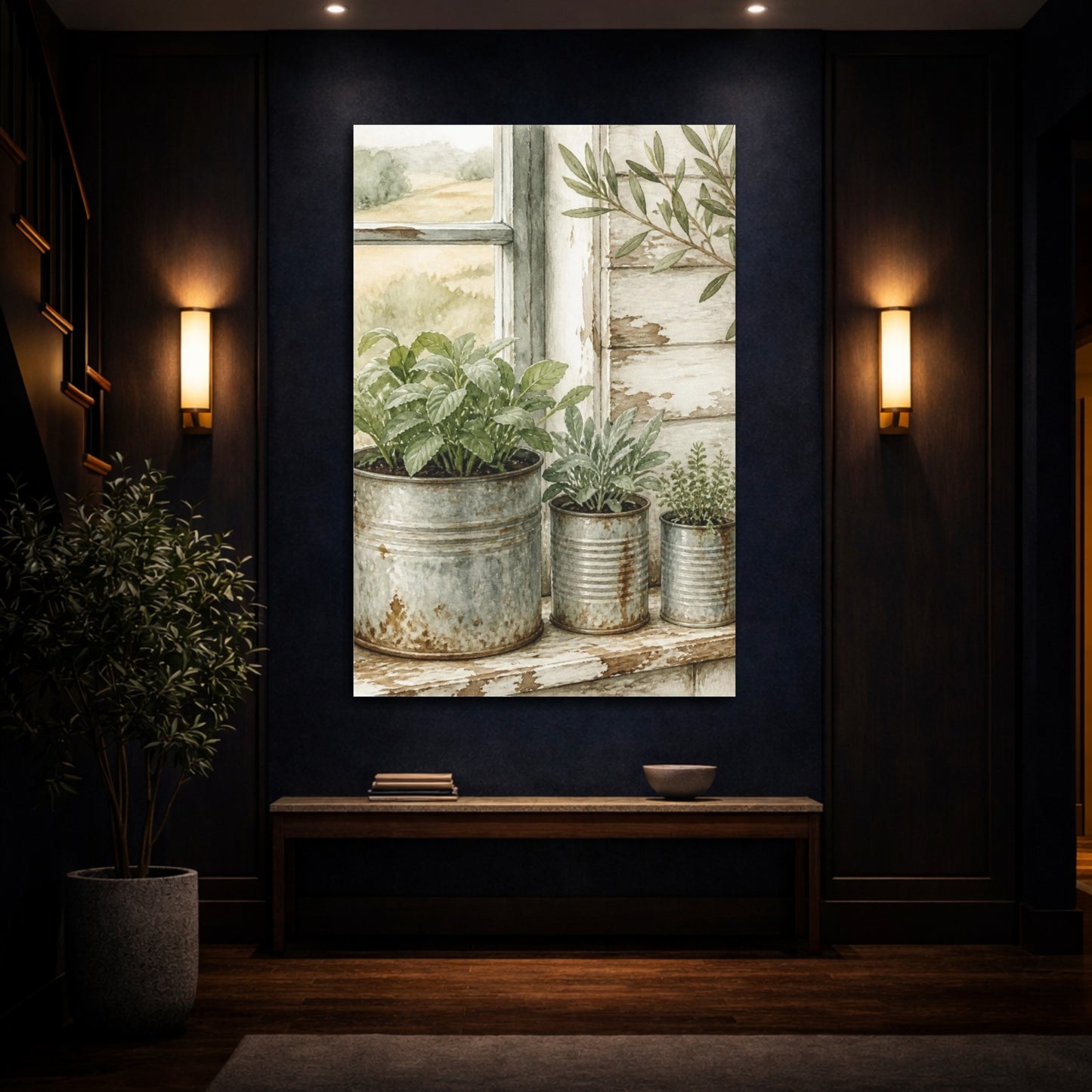 Mockup 4. Rustic Potted Herbs shown as canvas print