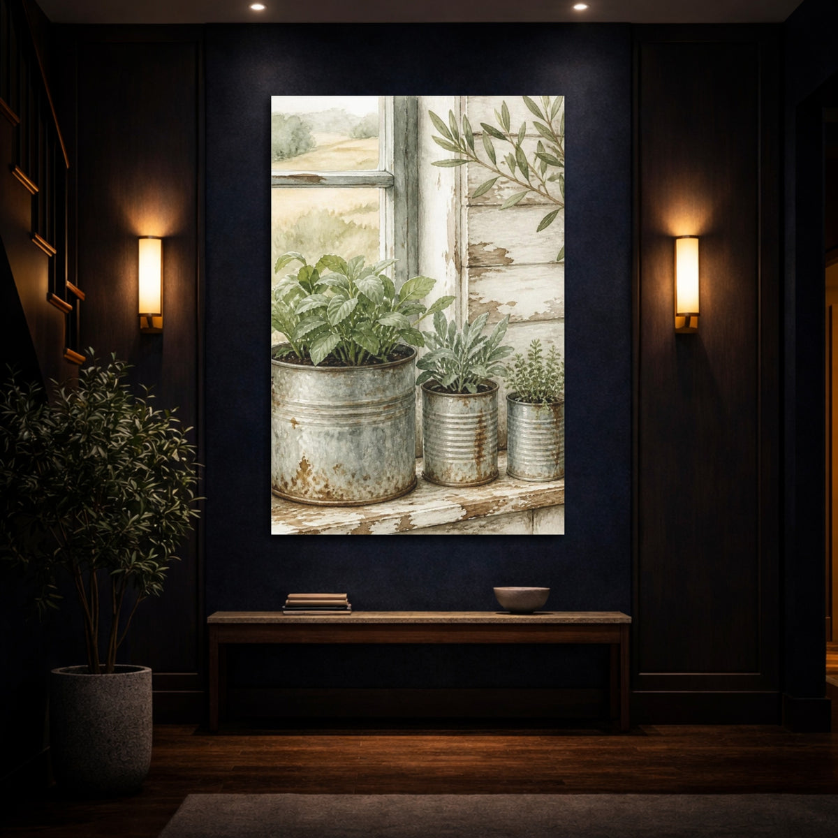 Mockup 4. Rustic Potted Herbs shown as canvas print
