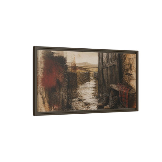 Rustic Rain-Soaked Boots Framed Canvas Print – Entryway, Feature Wall - YesArtYes