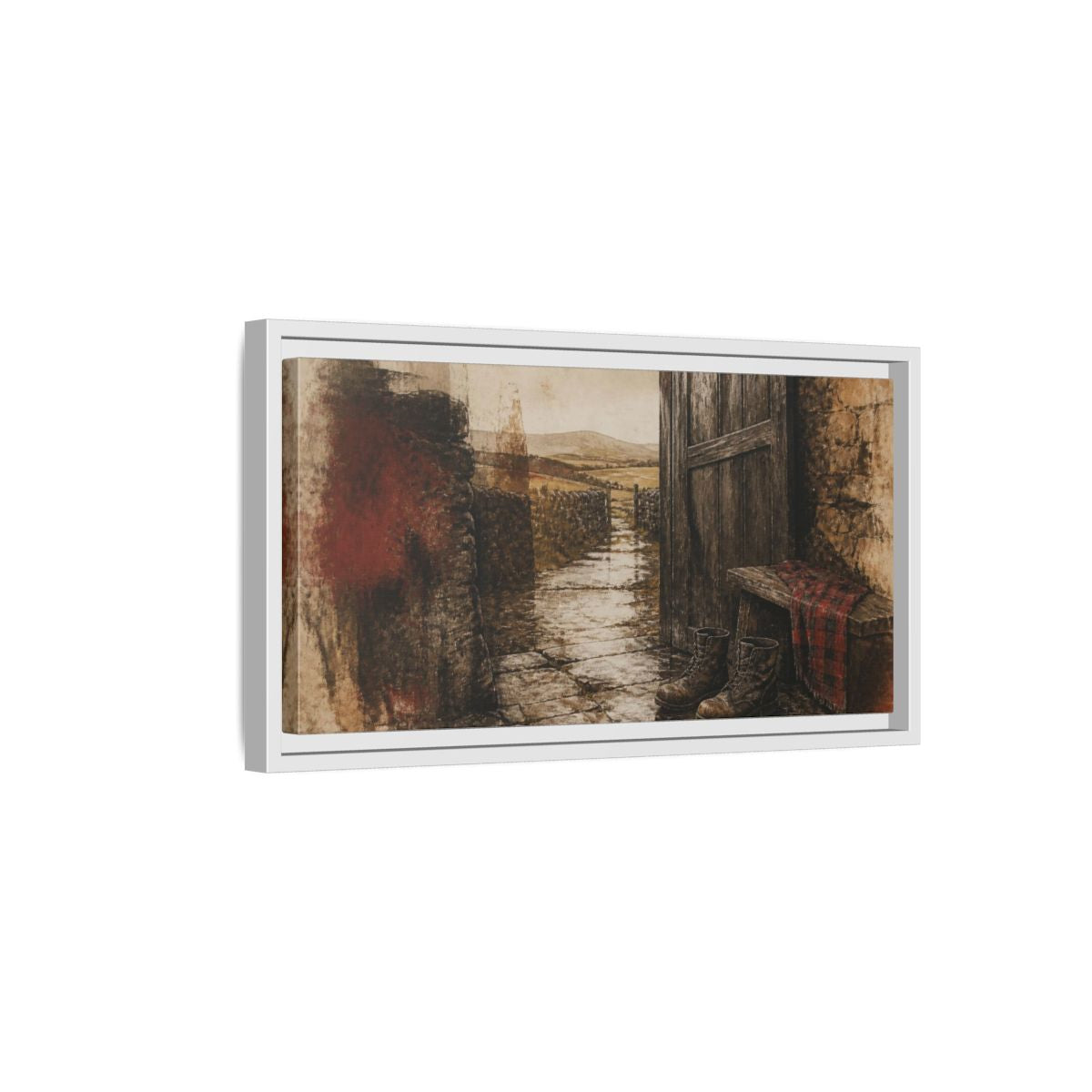Side Mockup 6. Rustic Rain-Soaked Boots shown as framed canvas print