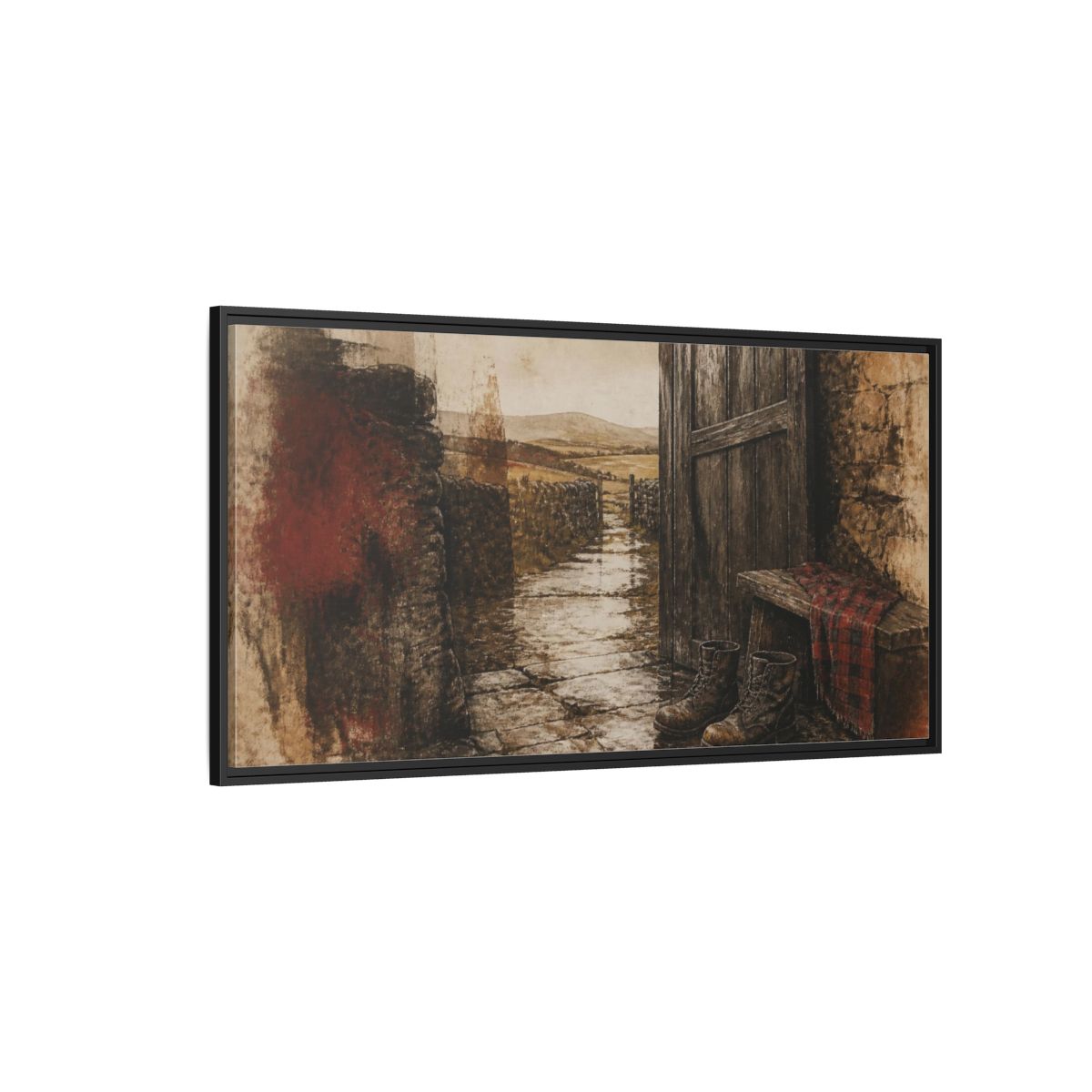 Side Mockup 5. Rustic Rain-Soaked Boots shown as framed canvas print