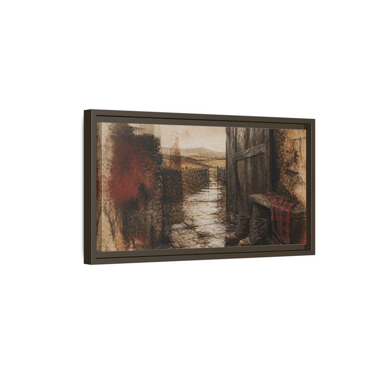 Side Mockup 7. Rustic Rain-Soaked Boots shown as framed canvas print