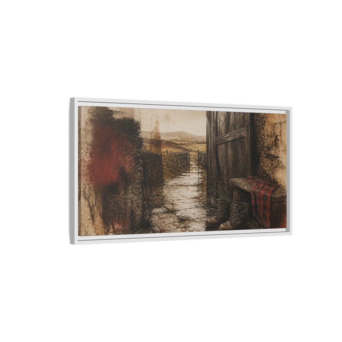 Side Mockup 1. Rustic Rain-Soaked Boots shown as framed canvas print