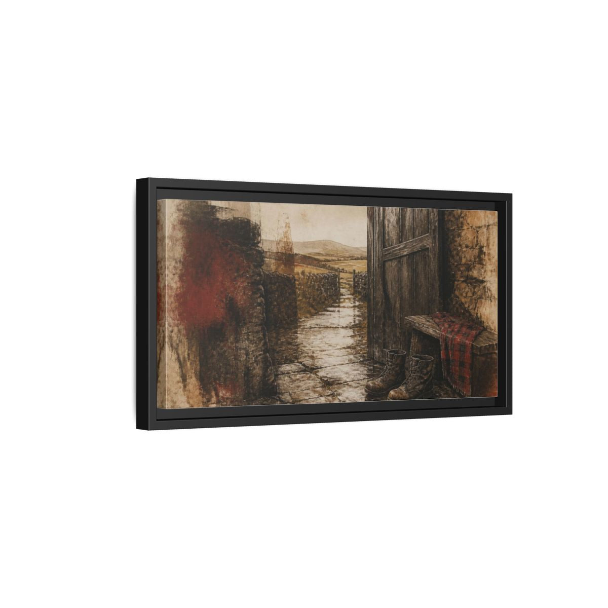 Side Mockup 8. Rustic Rain-Soaked Boots shown as framed canvas print