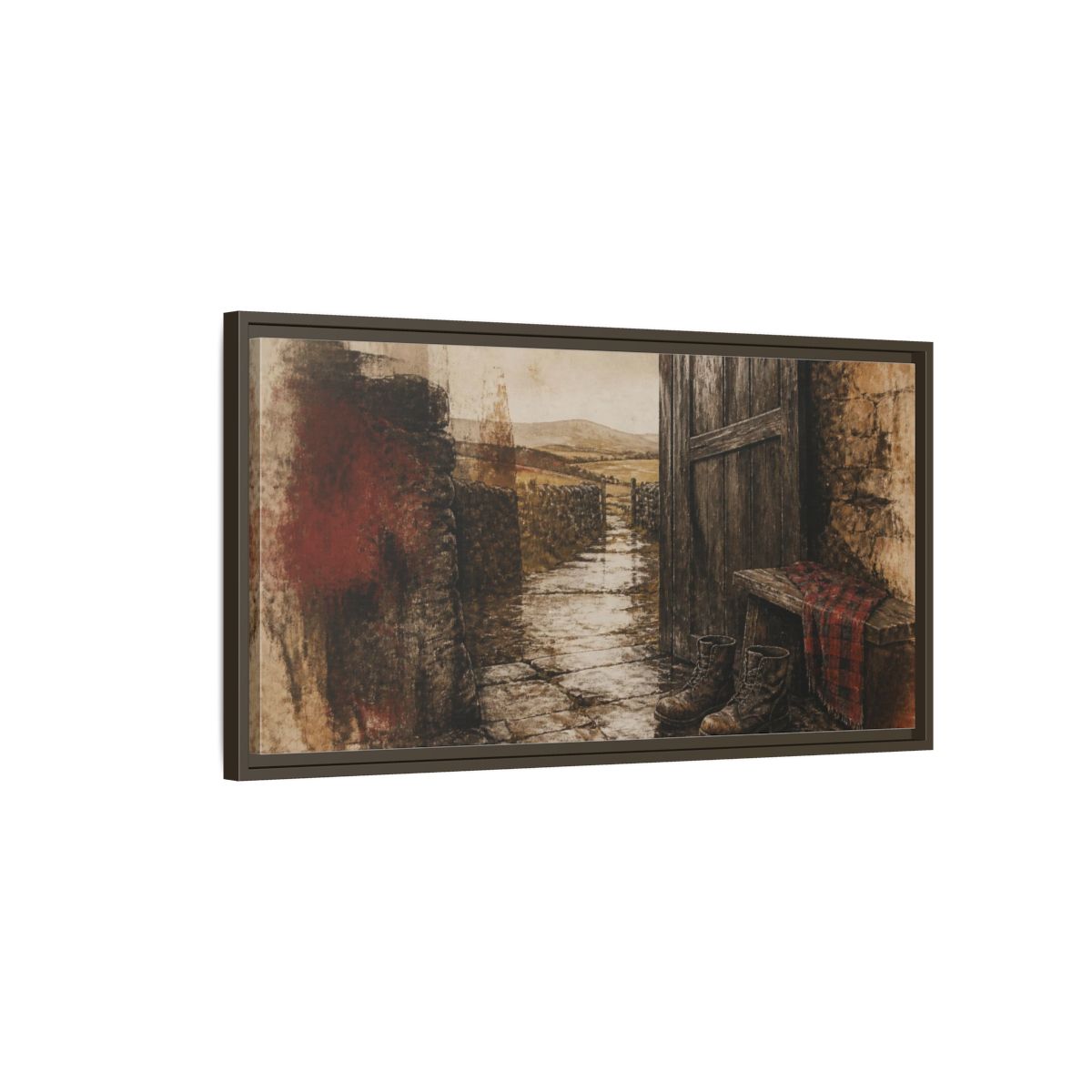 Main Mockup. Rustic Rain-Soaked Boots shown as framed canvas print