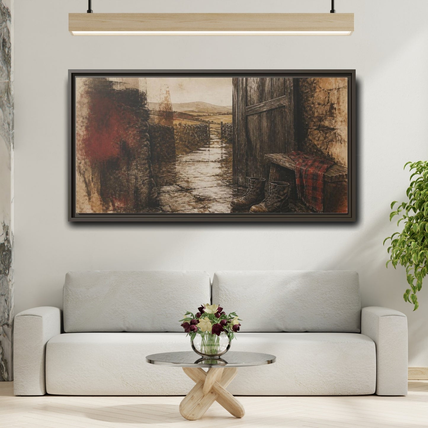 Mockup 2. Rustic Rain-Soaked Boots shown as framed canvas print