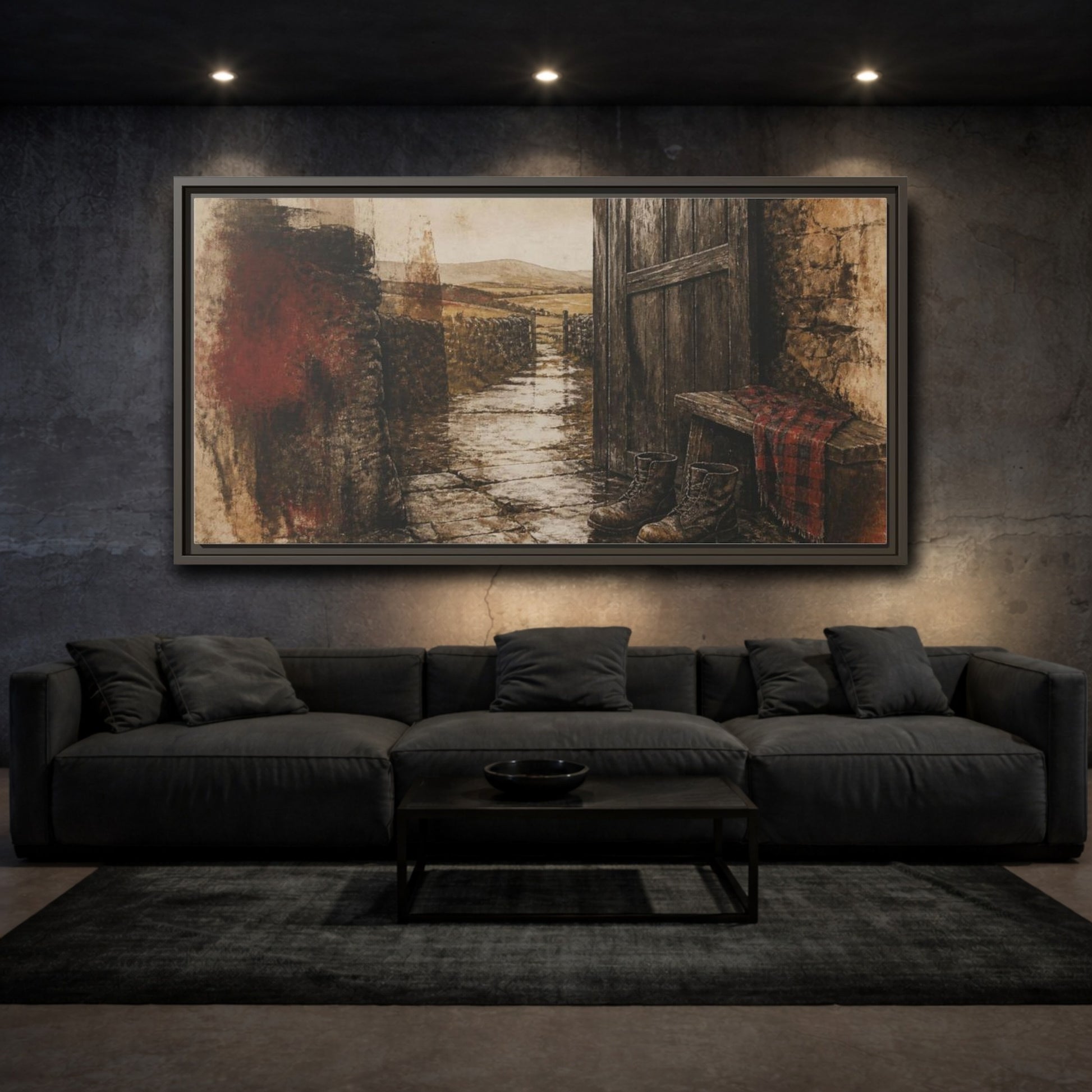 Mockup 3. Rustic Rain-Soaked Boots shown as framed canvas print