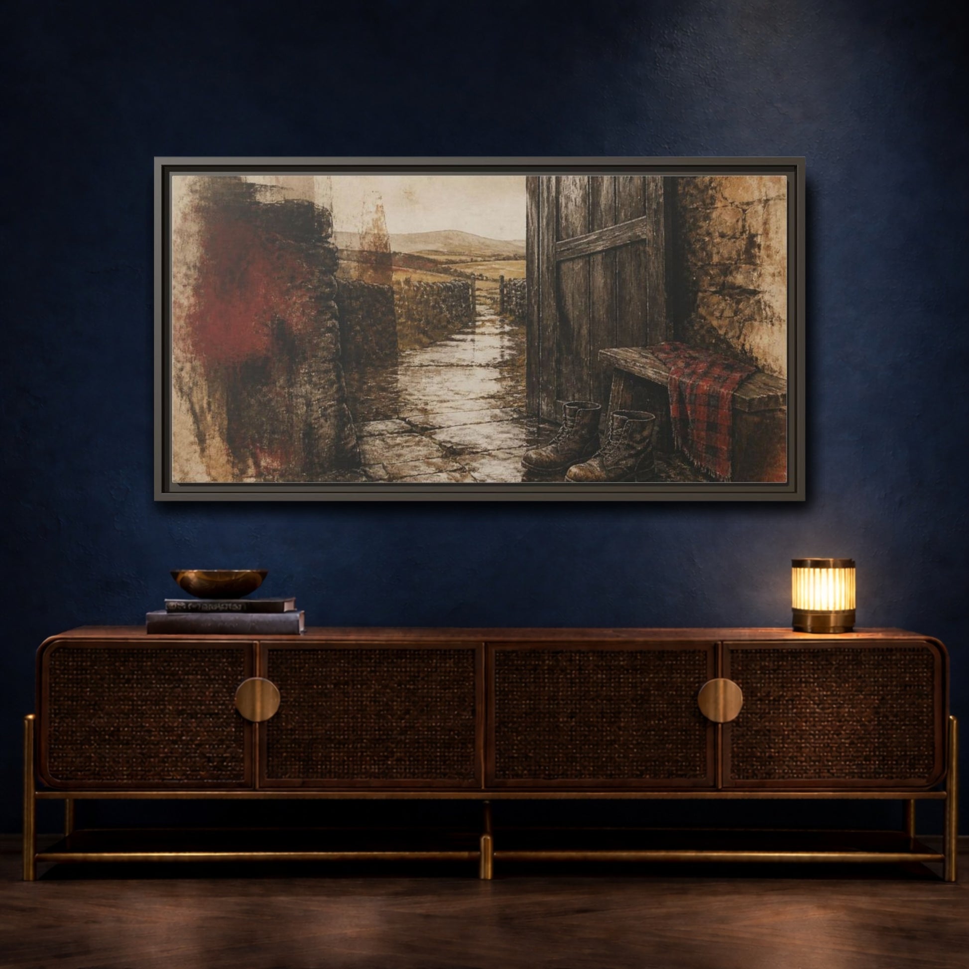 Mockup 4. Rustic Rain-Soaked Boots shown as framed canvas print