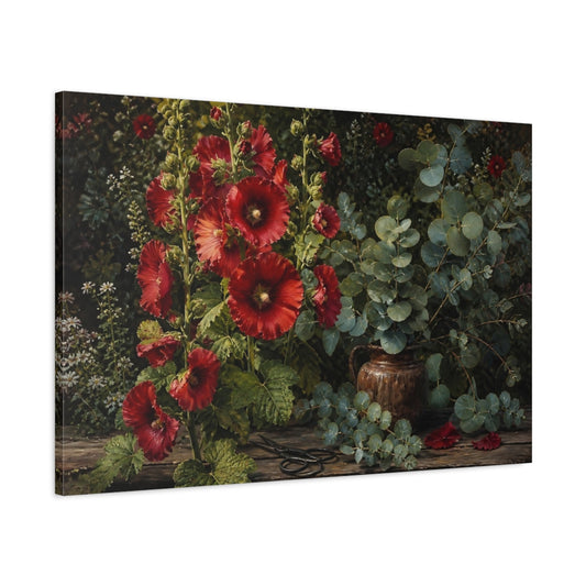Main Mockup. Rustic Red Hollyhocks shown as canvas print