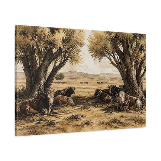 Rustic Resting Cattle Under Cottonwoods Canvas Print Wall Art – Living Room Decor, Above Couch - YesArtYes