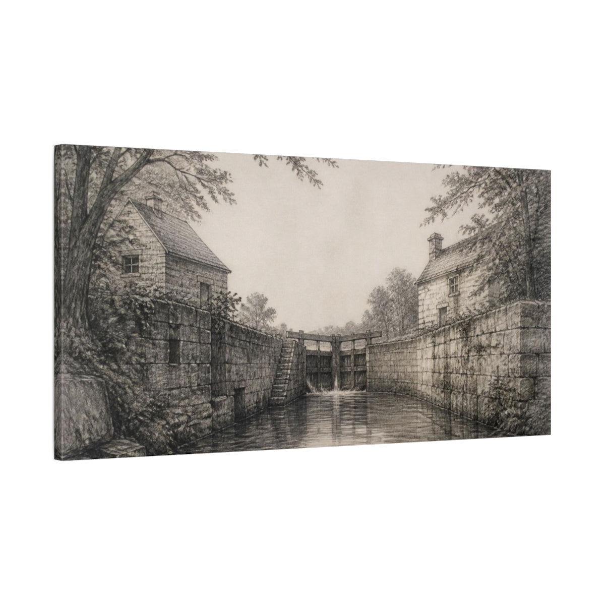 Main Mockup. Rustic River Lockhouses shown as canvas print