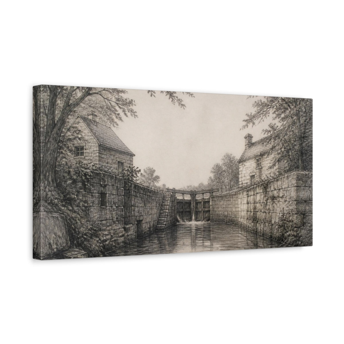 Side Mockup 3. Rustic River Lockhouses shown as canvas print
