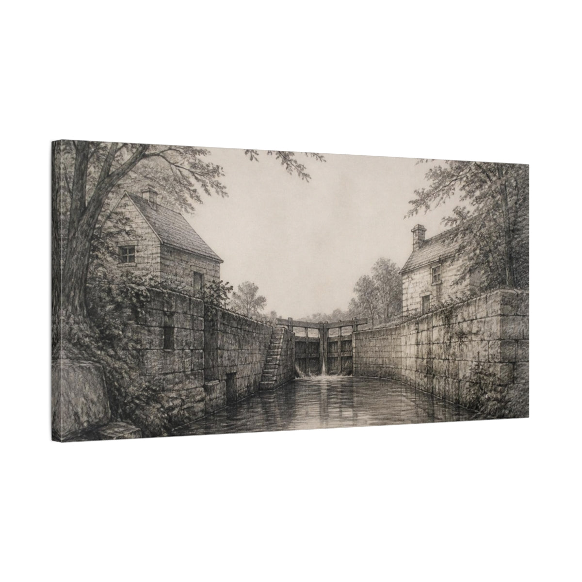 Side Mockup 1. Rustic River Lockhouses shown as canvas print