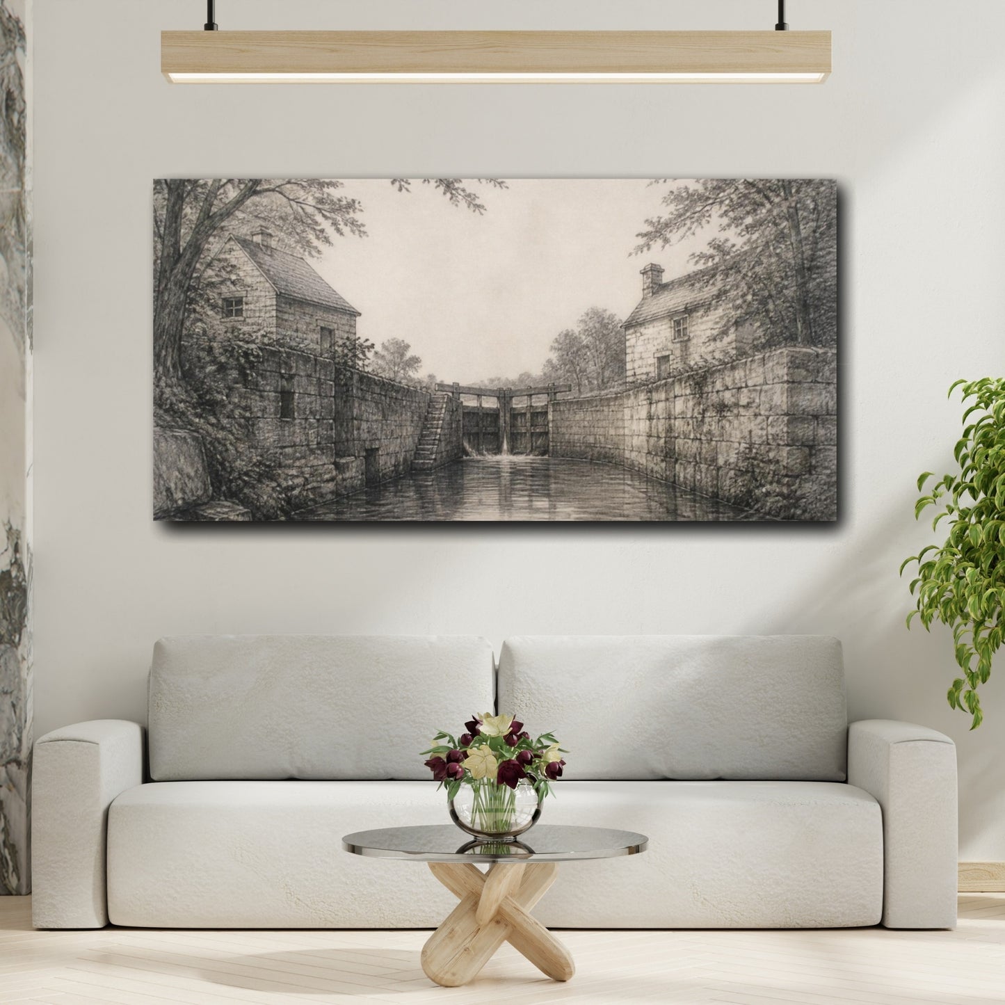 Mockup 2. Rustic River Lockhouses shown as canvas print