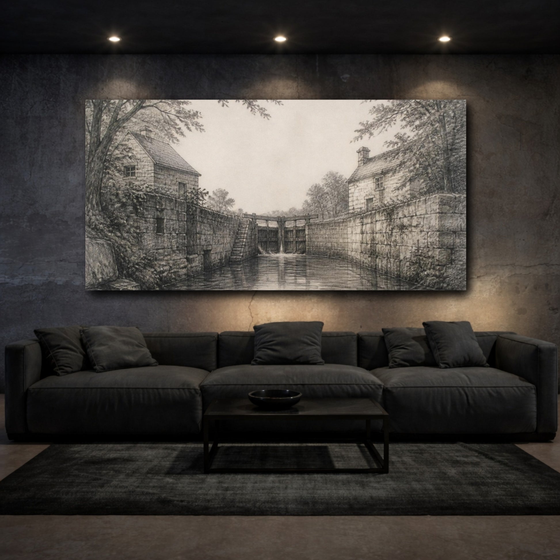 Mockup 3. Rustic River Lockhouses shown as canvas print