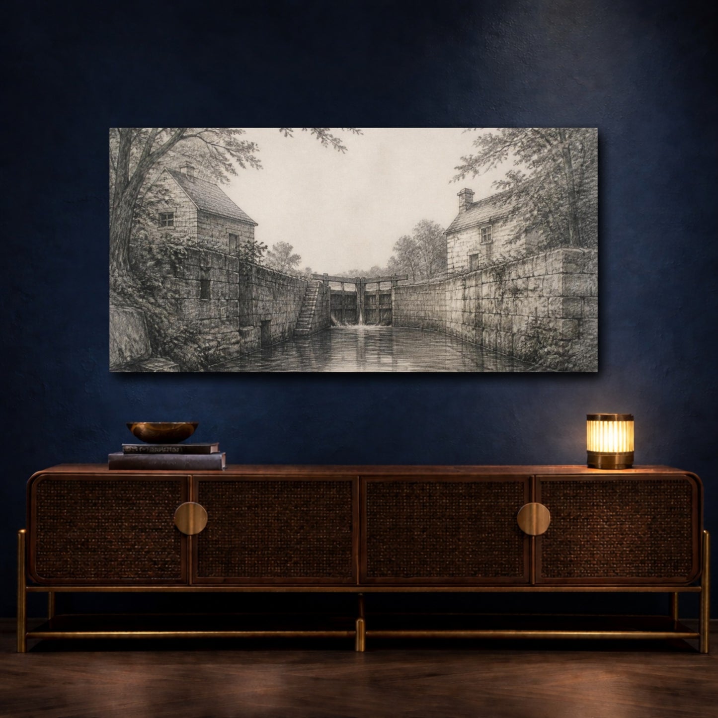Mockup 4. Rustic River Lockhouses shown as canvas print