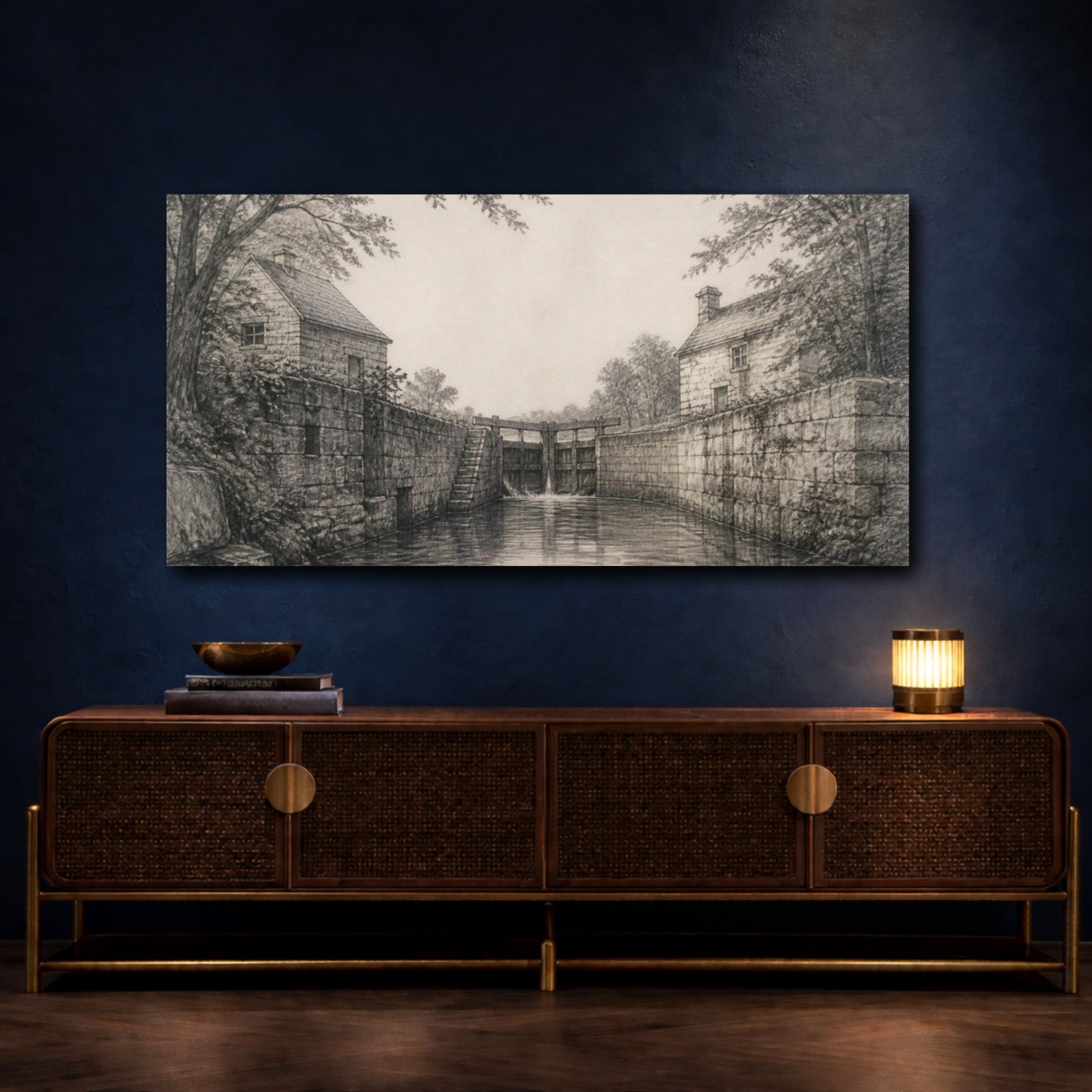Mockup 4. Rustic River Lockhouses shown as canvas print