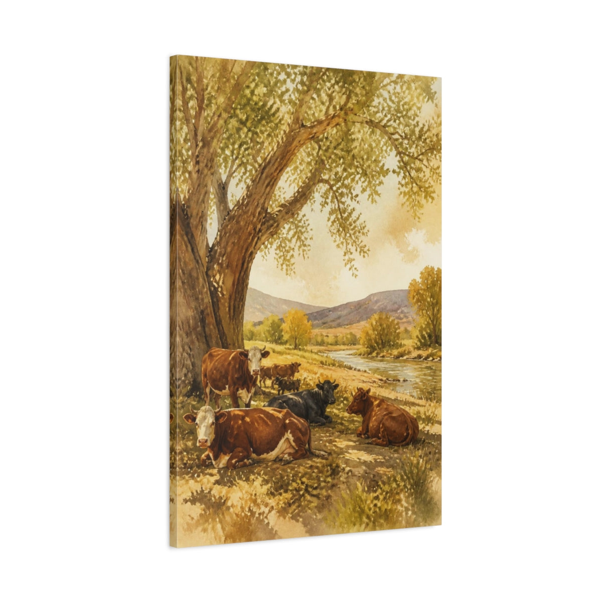 Main Mockup. Rustic Riverside Cattle shown as canvas print