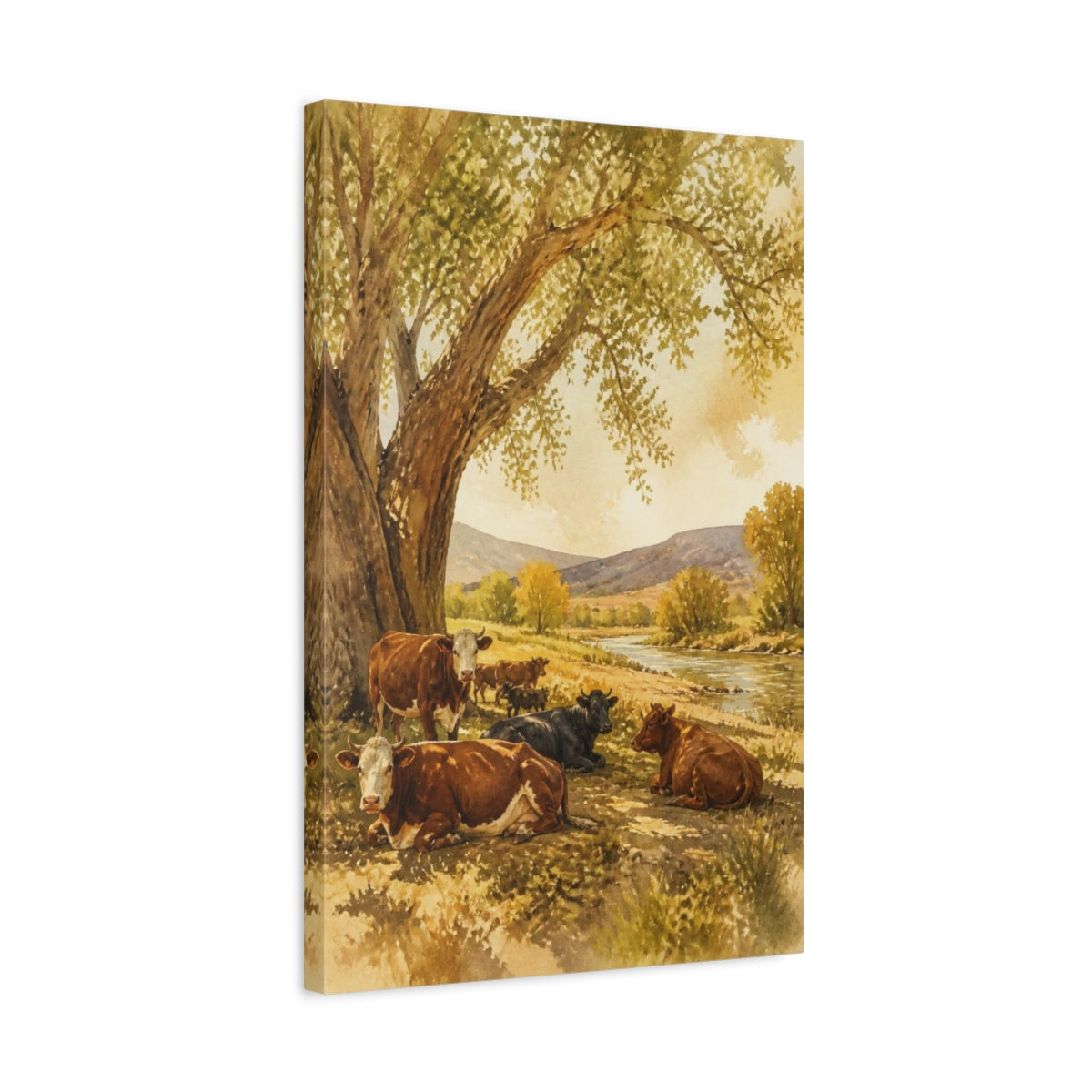 Side Mockup 3. Rustic Riverside Cattle shown as canvas print