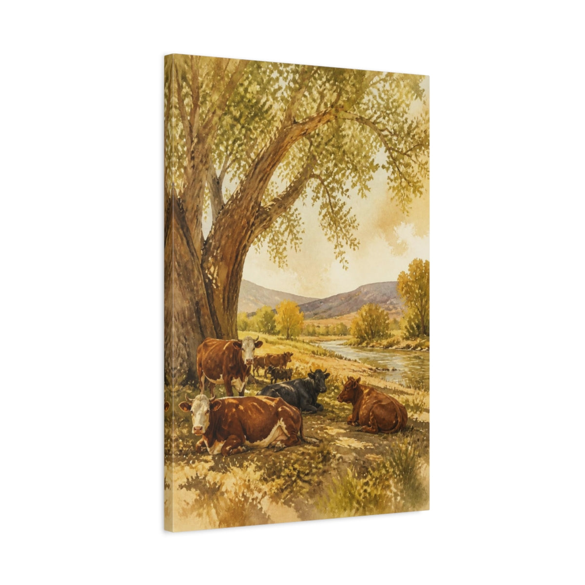 Side Mockup 2. Rustic Riverside Cattle shown as canvas print