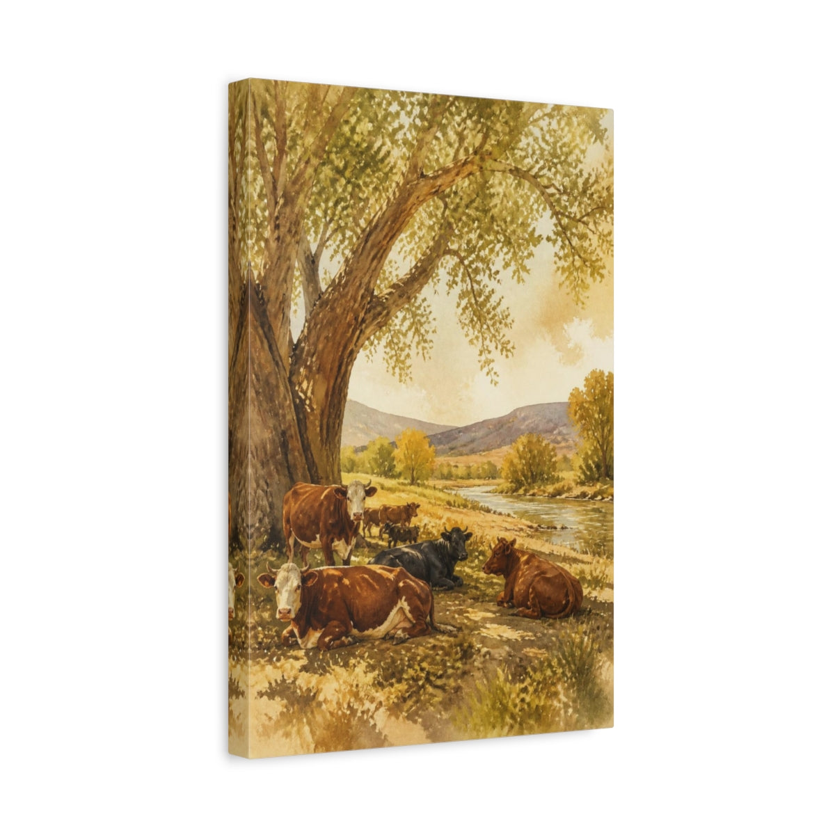 Side Mockup 4. Rustic Riverside Cattle shown as canvas print