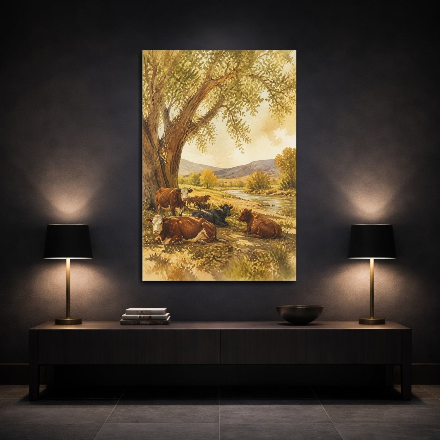 Mockup 3. Rustic Riverside Cattle shown as canvas print