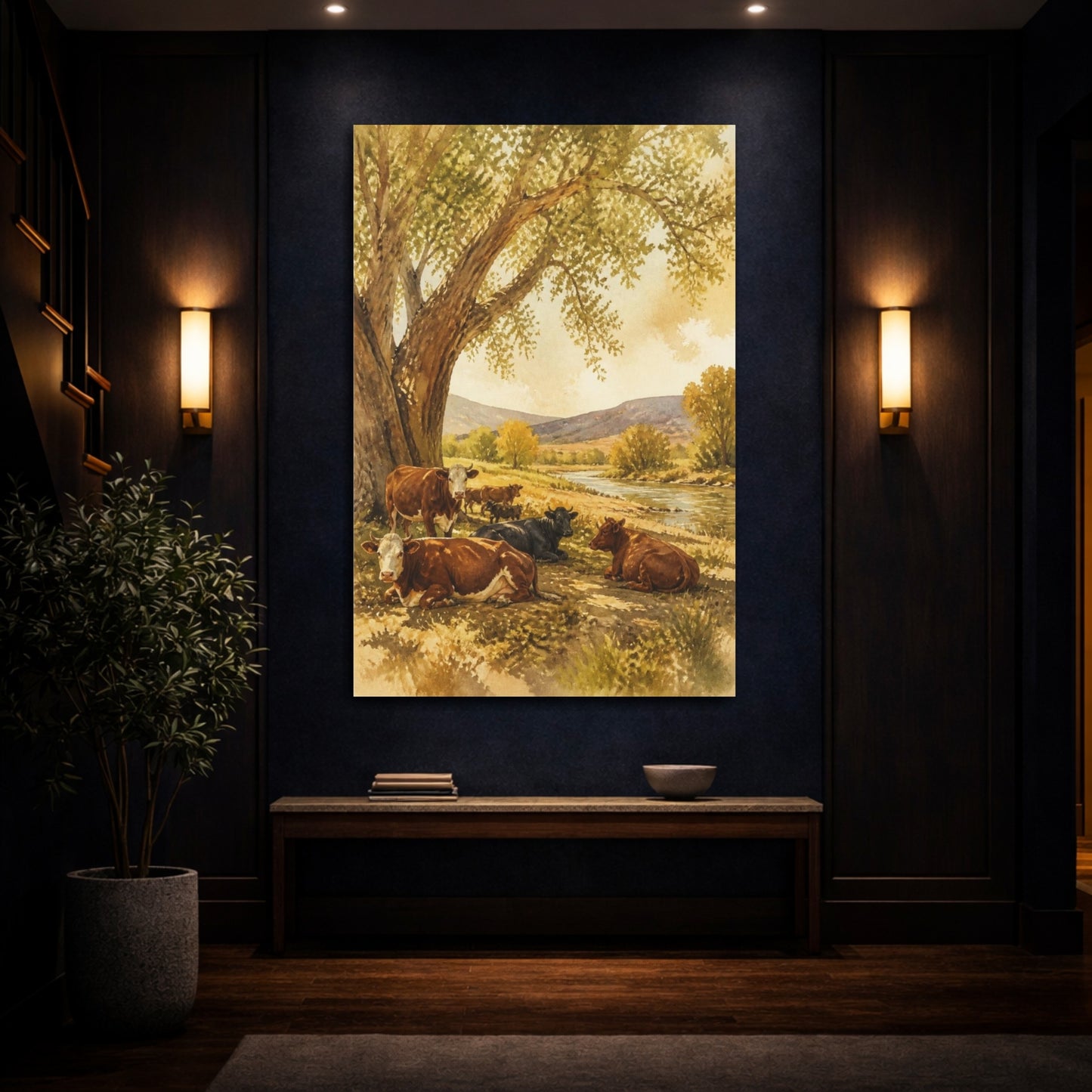 Mockup 4. Rustic Riverside Cattle shown as canvas print