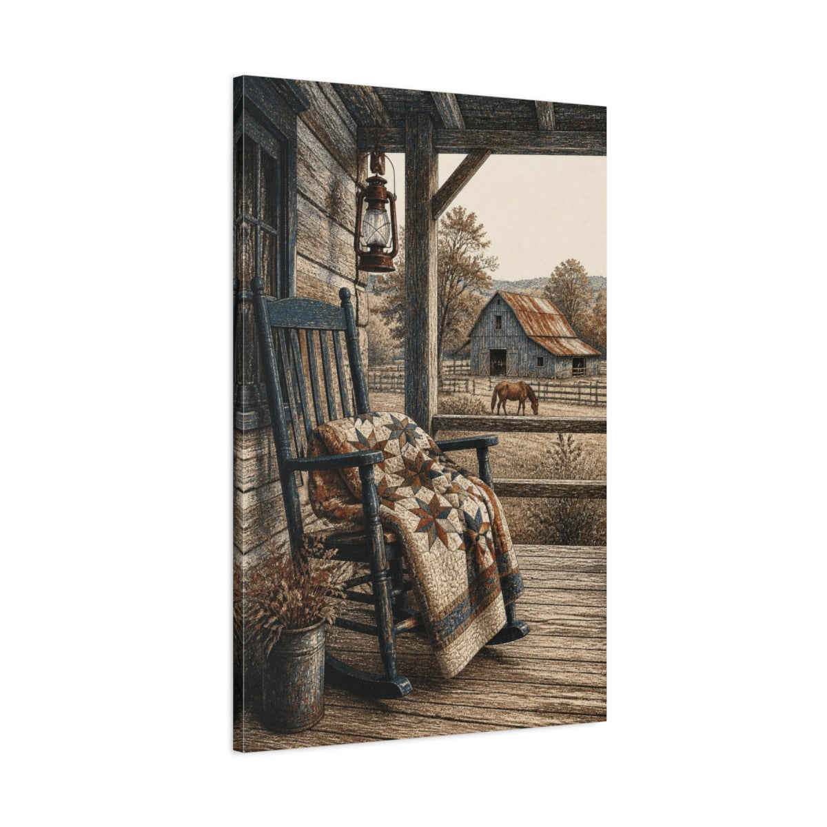 Main Mockup. Rustic Rocking Chair On Porch shown as canvas print