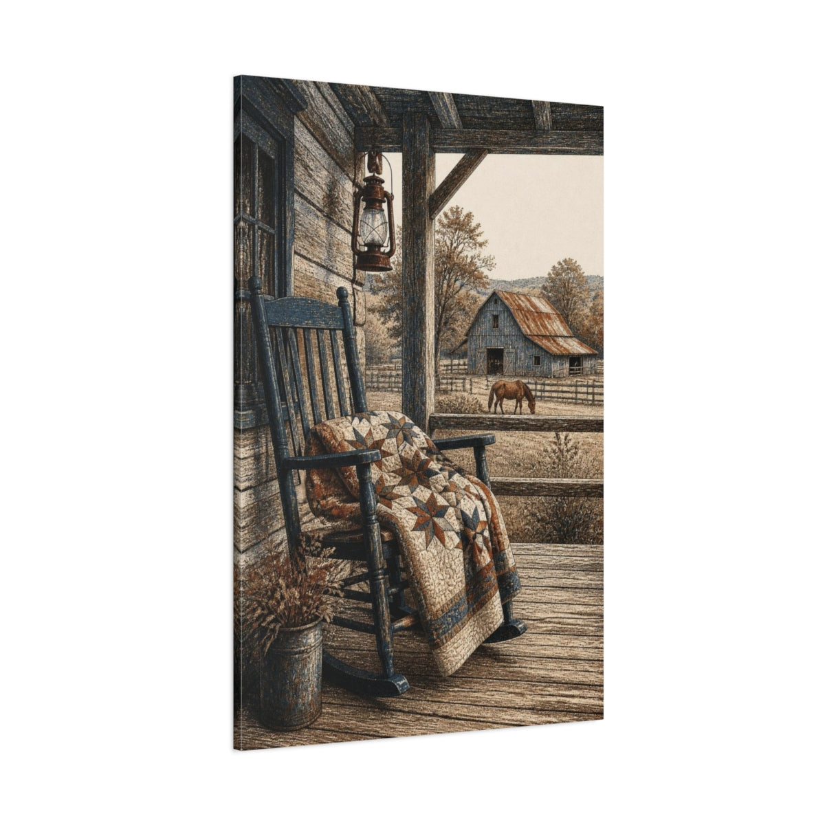 Side Mockup 1. Rustic Rocking Chair On Porch shown as canvas print