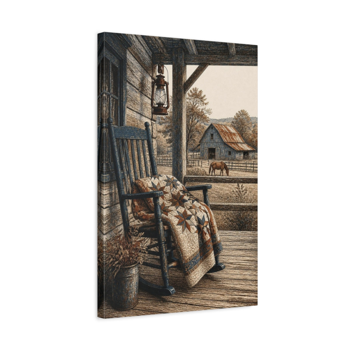 Side Mockup 3. Rustic Rocking Chair On Porch shown as canvas print