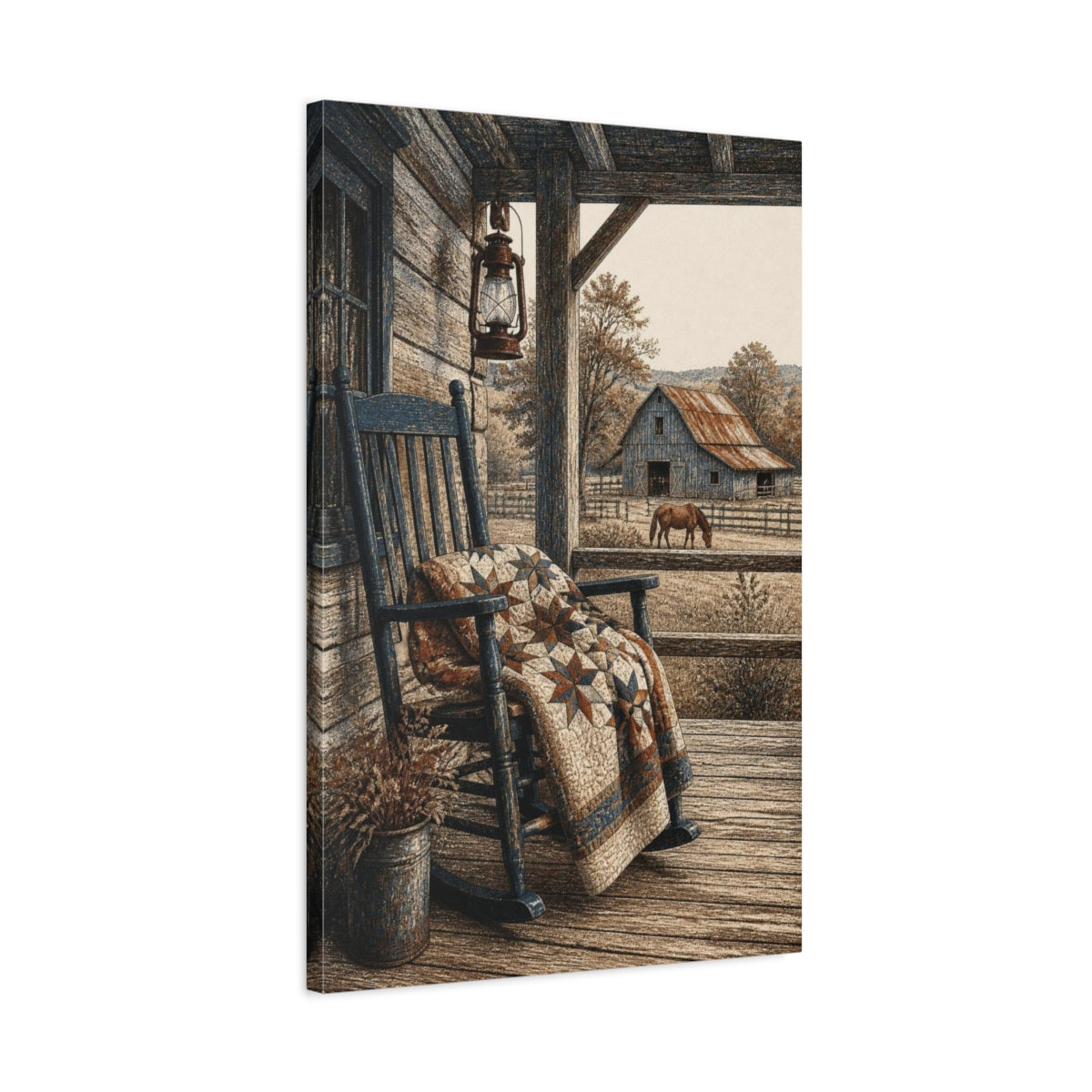 Side Mockup 2. Rustic Rocking Chair On Porch shown as canvas print
