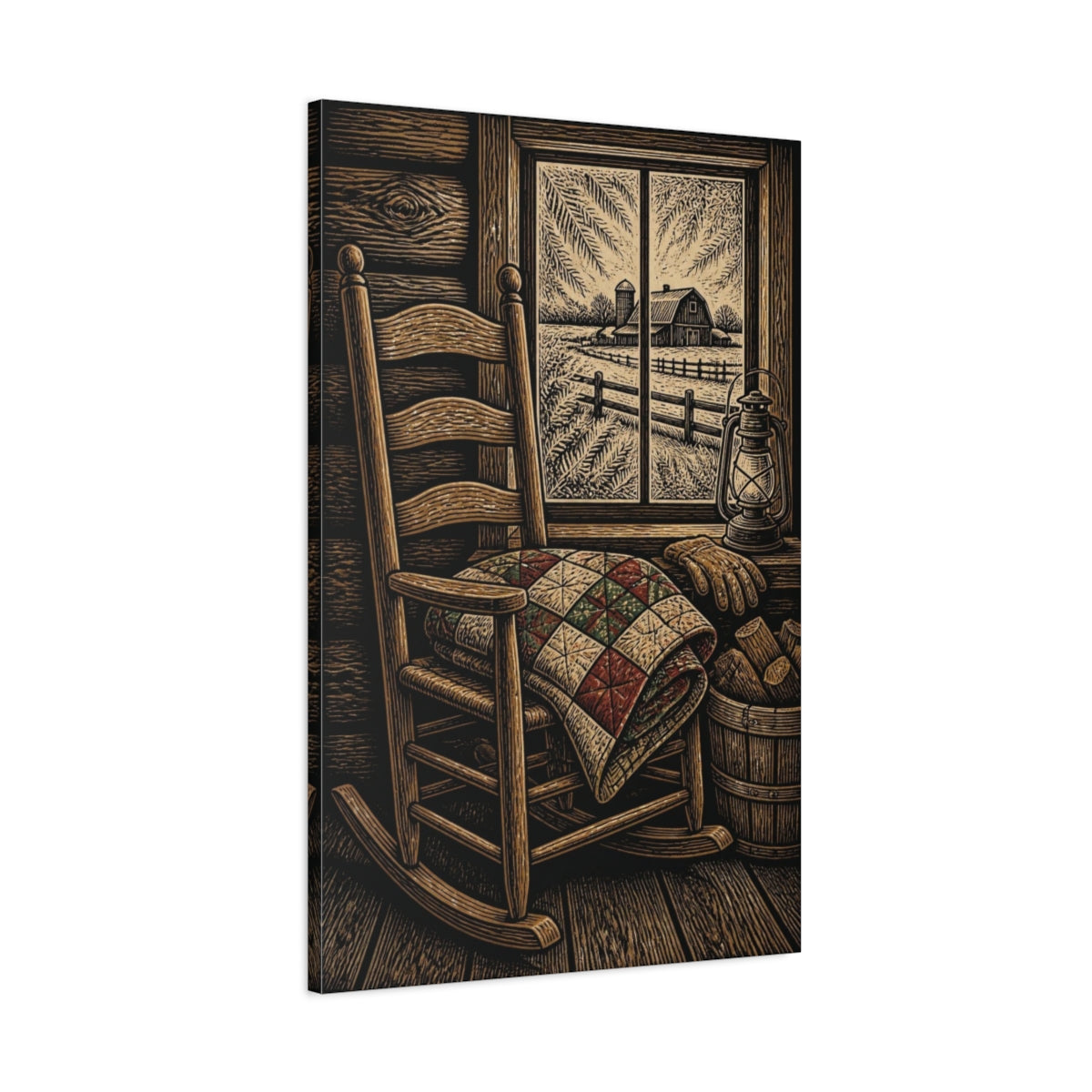 Main Mockup. Rustic Rocking Chair Quilt shown as canvas print