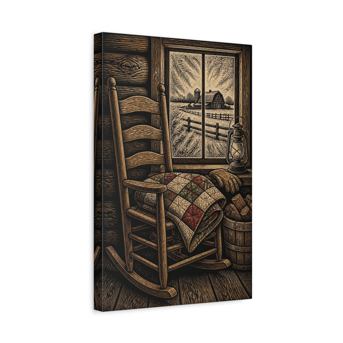 Side Mockup 4. Rustic Rocking Chair Quilt shown as canvas print