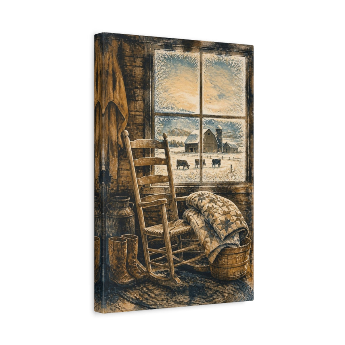 Side Mockup 4. Rustic Rocking Chair Quilt shown as canvas print
